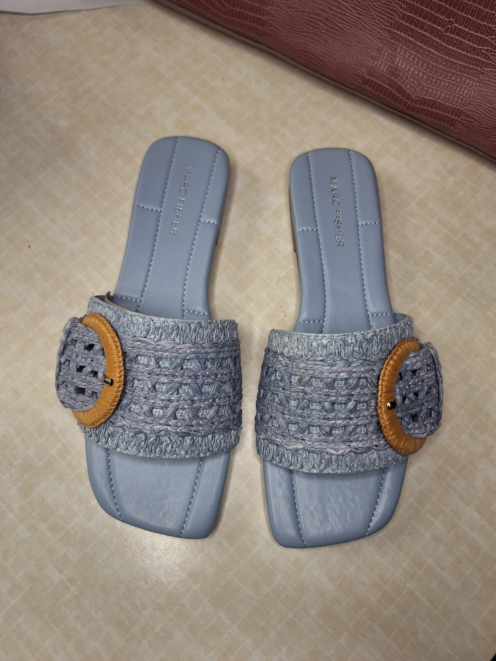 Marc Fisher Pale Blue Woven Slide Mules with Tan Accent Buckles